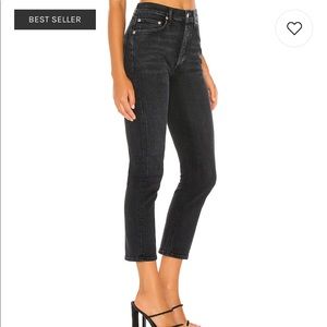 Agolde Riley Black High Rise Cut Off Crop Jeans